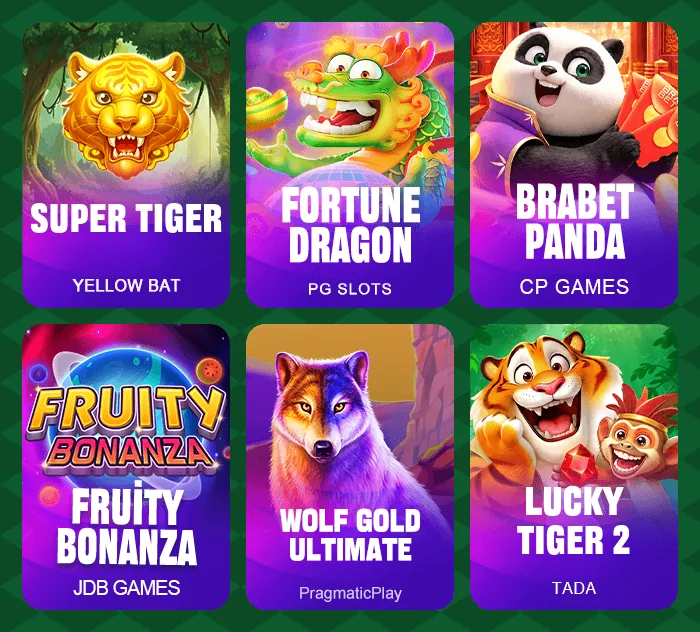 Seis capas de jogos do lobby da Brabet: Super Tiger, Fortune Dragon, Brabet Panda, Fruity Bonanza, Wolf Gold Ultimate e Lucky Tiger 2