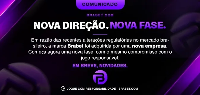Banner escuro da Brabet com o título «Nova direção. Nova fase.» e o texto sobre a marca ter sido adquirida por uma nova empresa